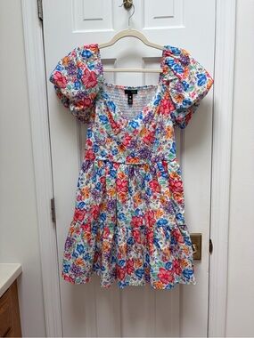Aqua by Bloomingdale’s Floral Tiered Colorful Dress with Puff Sleeves